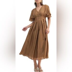 🌿 MILA MAE Mocha Crinkle Pleated Maxi Dress – Size Small – NWT